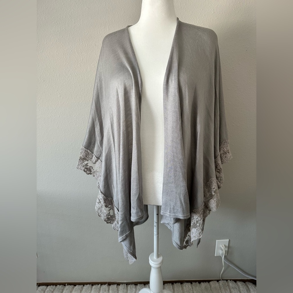 Lauren Conrad Women's Gray Shawl Open Front Cardigan Kimono Lace Knit One Size